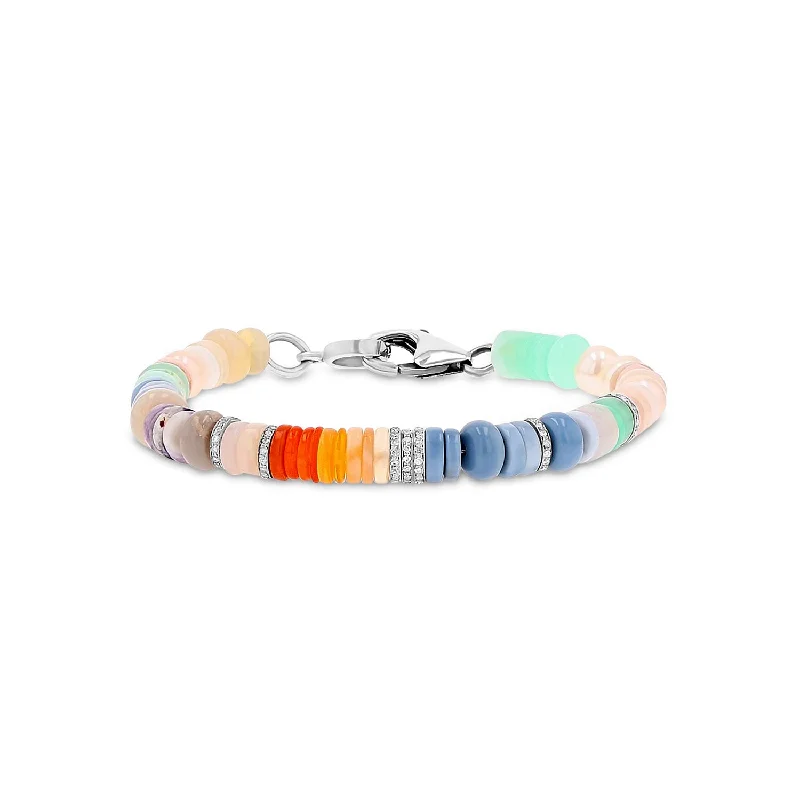 Slim bracelets and bangles for stackable wrist looks -Multi-color Opal & Pearl Bracelet with 7 Diamond Rondelles - 7mm