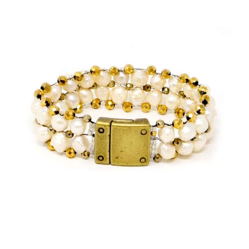 Gold bracelets and bangles for warm wrist shine -Pearl & Pyrite Bead Bracelet