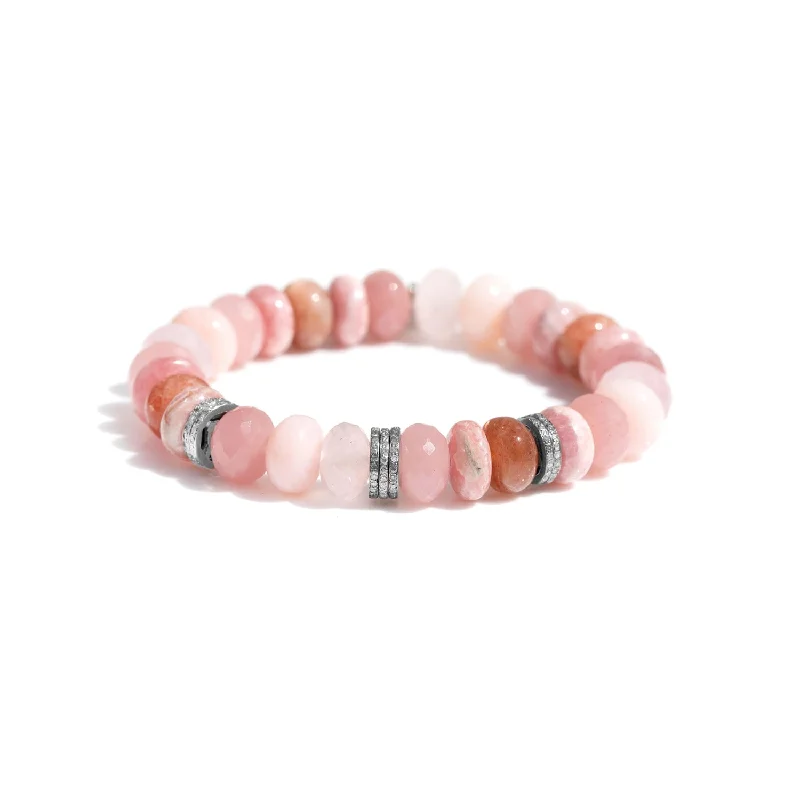 Rose gold bracelets and bangles for soft glow -Pink Faceted Rondelle Mix and Diamond Bracelet - 10mm