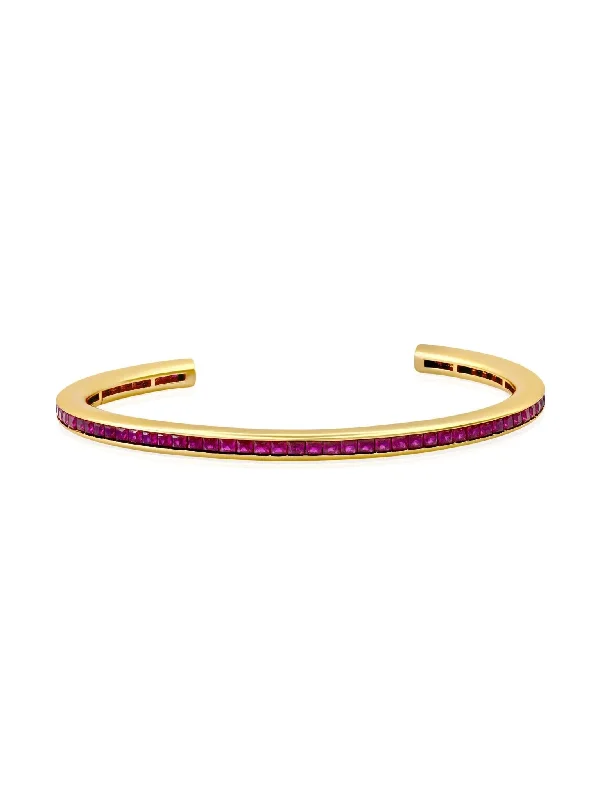 Party bracelets and bangles with dazzling stone designs -Princess Cut Ruby Color Cuff Bracelet