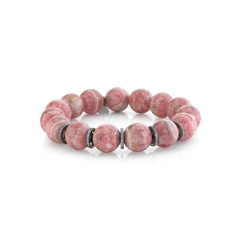 Thin bracelets and bangles ideal for delicate wrists -Rhodochrosite Bracelet with Five Diamond Rondelles - 12mm