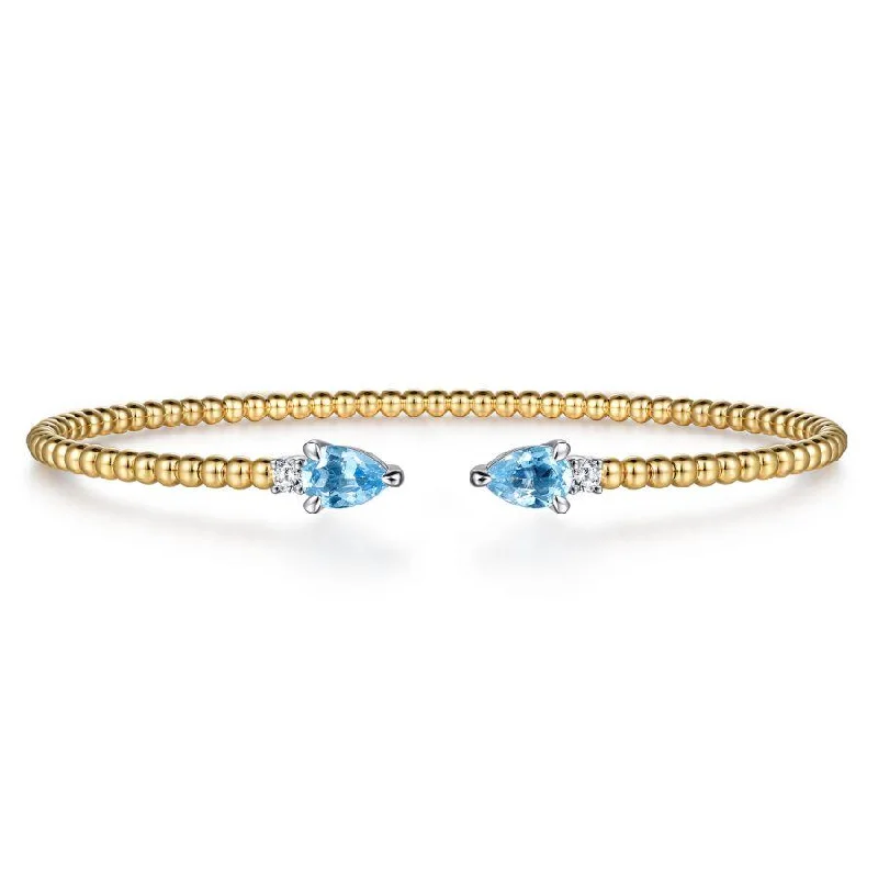 Rough bracelets and bangles with raw stone beauty -14K White Yellow Gold Bujukan Open Cuff Bracelet with Blue Topaz and Diamond End Caps