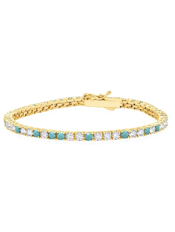 Bracelets and bangles inspired by forest stone hues -Turquoise and Flawless Cubic Zirconia Tennis Bracelet In 18kt Yellow Gold