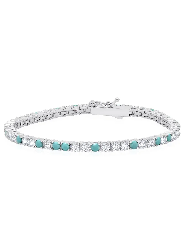 Wide bracelets and bangles with striking stone inlays -Turquoise and Flawless Cubic Zirconia Tennis Bracelet In Pure Platinum