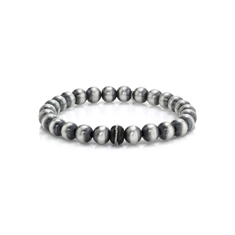 Etched bracelets and bangles with stone detail flair -Mr. LOWE Men's Silver Bead Bracelet with African CenterBead - 8mm