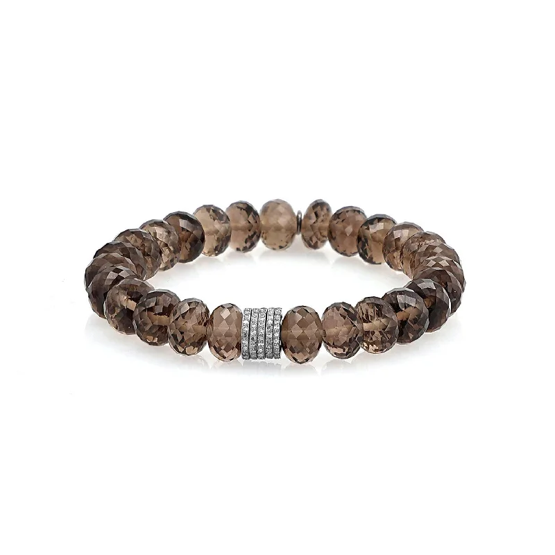 Stretch bracelets and bangles for easy wrist fit -Smokey Quartz Faceted Bead Bracelet with 5 Diamond Rondelles - 10mm