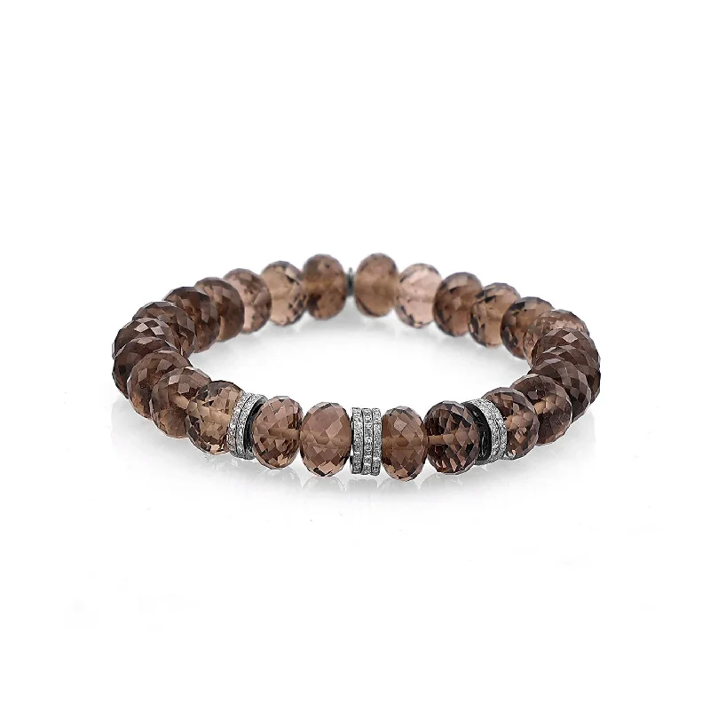 Old-style bracelets and bangles with antique stone settings -Smokey Quartz Faceted Bead Bracelet with 7 Diamond Rondelles - 10mm