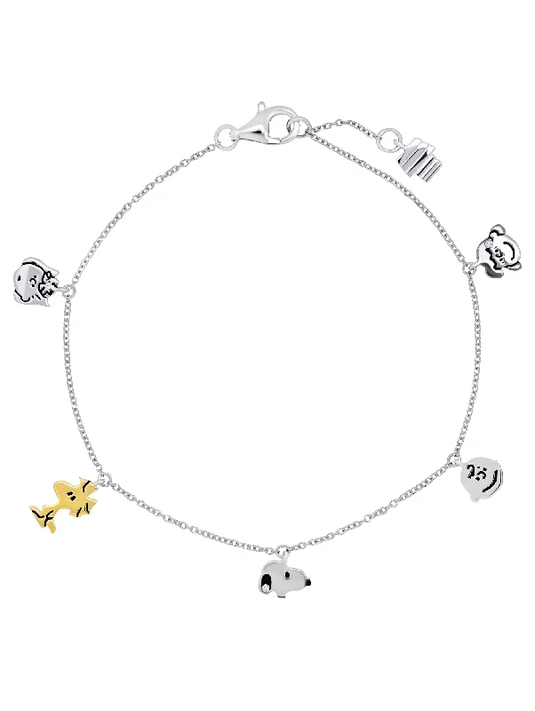 Sleek bracelets and bangles with floating stone settings -Snoopy & the Gang .925 Sterling Silver Charm Bracelet Finished in Pure Platinum