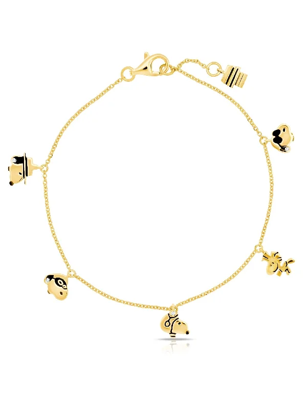 Wrapped bracelets and bangles with wire stone flair -Snoopy & Woodstock Charm .925 Sterling Silver Bracelet Finished in 18kt Yellow Gold