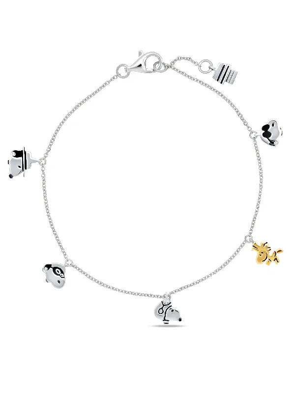 Bracelets and bangles featuring black diamonds for edge -Snoopy & Woodstock .925 Sterling Silver Charm Bracelet Finished in pure platinum