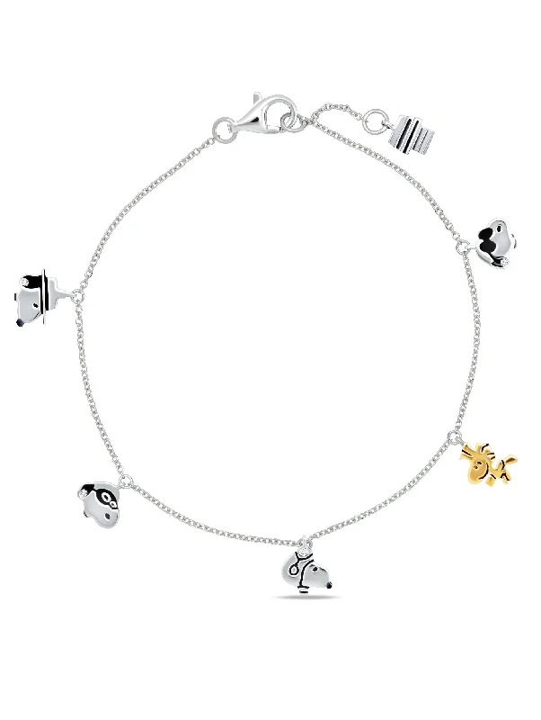 Silver bracelets and bangles for affordable wrist chic -Snoopy & Woodstock Charm Bracelet in pure platinum