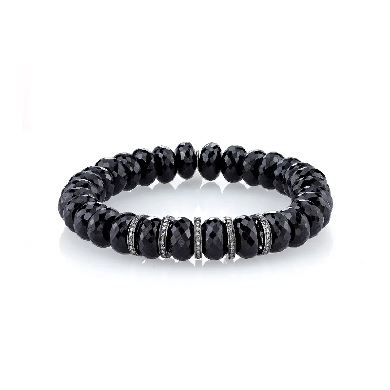 Budget bracelets and bangles under fifteen dollars -Black Faceted Spinel Bracelet with Five Diamond Rondelles - 10mm