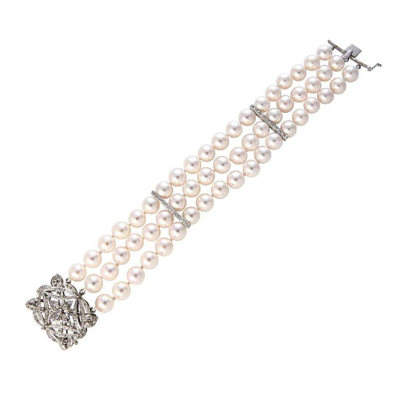 Dangle bracelets and bangles with gem fringe flair -Three Strand Akoya Pearl & Diamond Clasp 14K Gold Bracelet