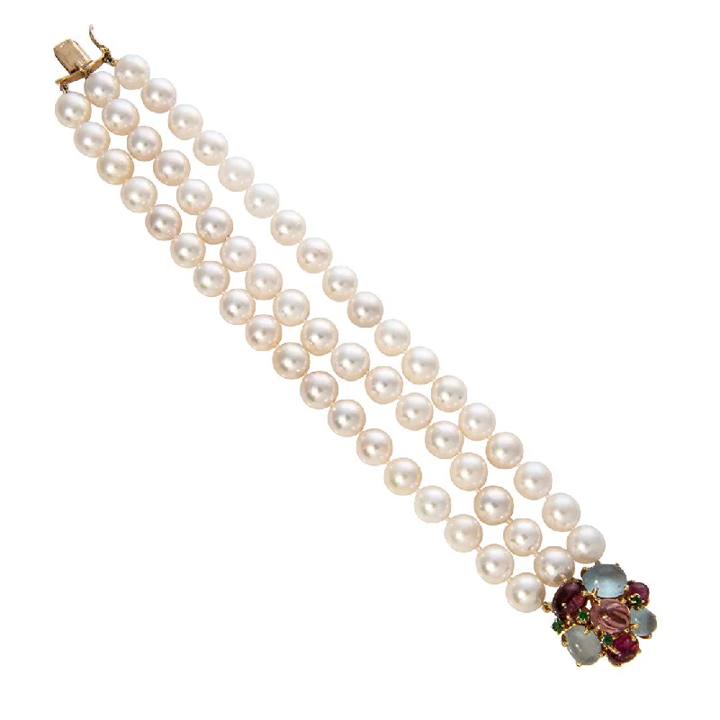 Bracelets and bangles featuring rose quartz for love -Triple-Strand Akoya Pearl & Multi Stone Clasp 14K Gold Bracelet