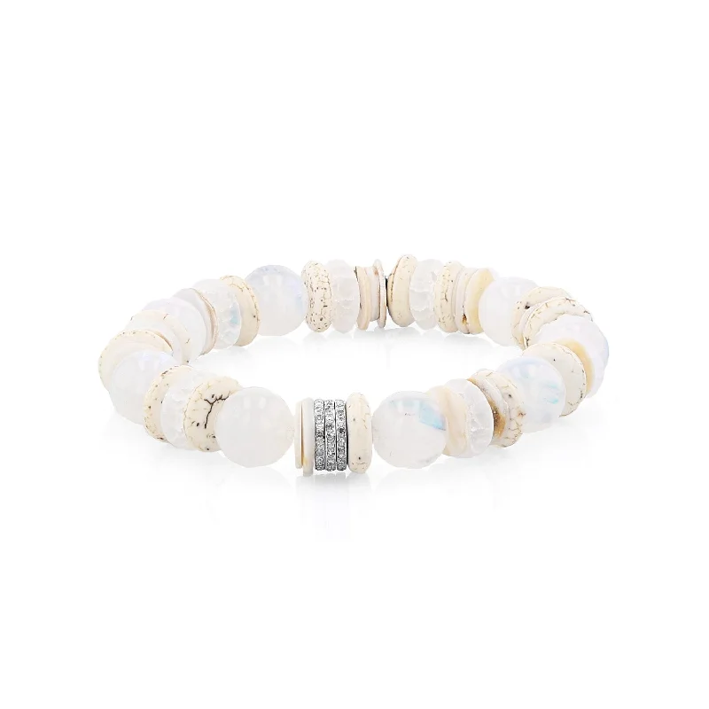 Chunky bracelets and bangles for big wrist impact -White Mix Bead Bracelet with 3 Diamond Rondelles - 10mm