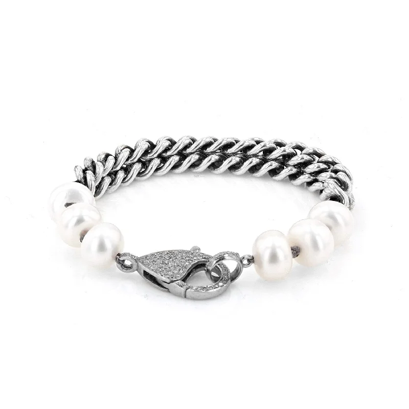 Wrapped bracelets and bangles with wire stone flair -White Pearl and Chain Diamond Bracelet